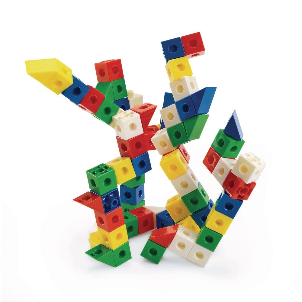 Colorful linking cubes and triangles snapped into towers and shapes
