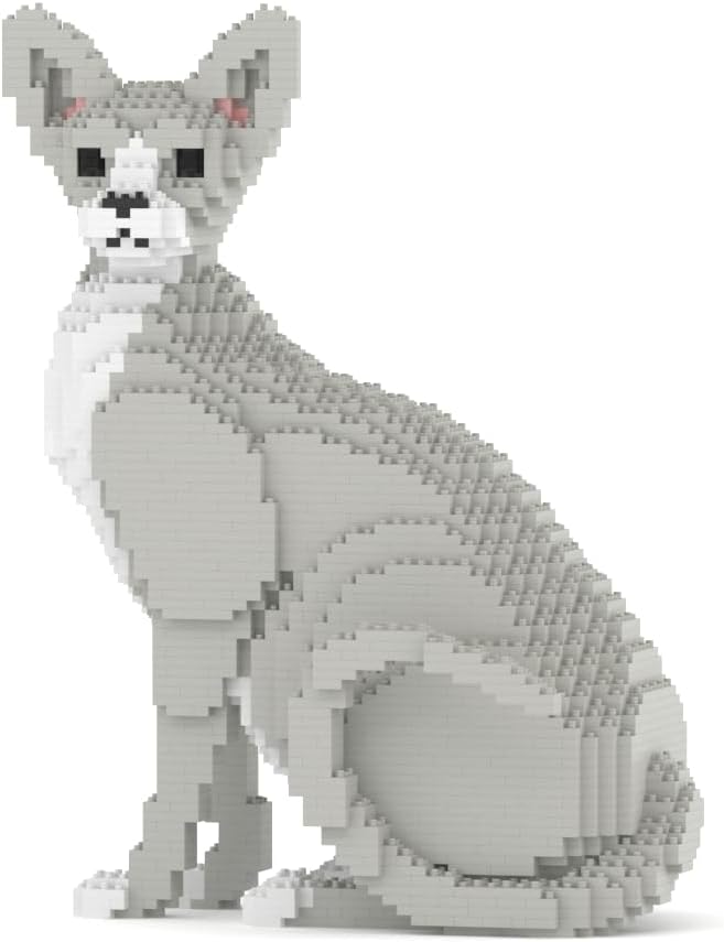 Brick-built hairless sphynx cat sculpture sitting with large ears upright