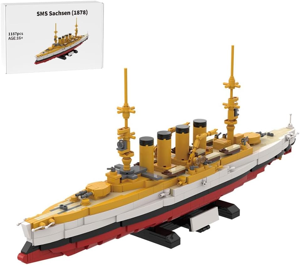 Gray and black brick-built armored cruiser with deck cannons and twin funnels