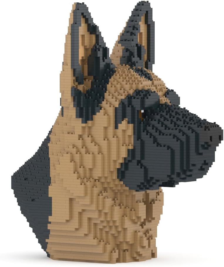 Gray and white brick-built schnauzer dog bust on a desk – view 4