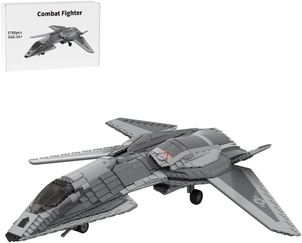 Brick-built stealth fighter jet with swept wings on a display stand – view 3