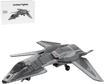 Brick-built stealth fighter jet with swept wings on a display stand – view 3