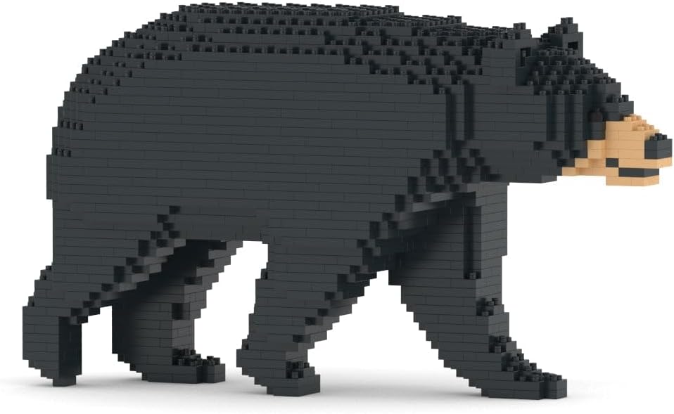 Finished black bear sculpture built from interlocking plastic bricks