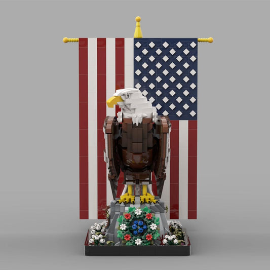 Brick-built bald eagle with spread wings over an American flag