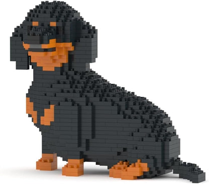 Finished dachshund dog sculpture built from brown interlocking plastic bricks – view 2