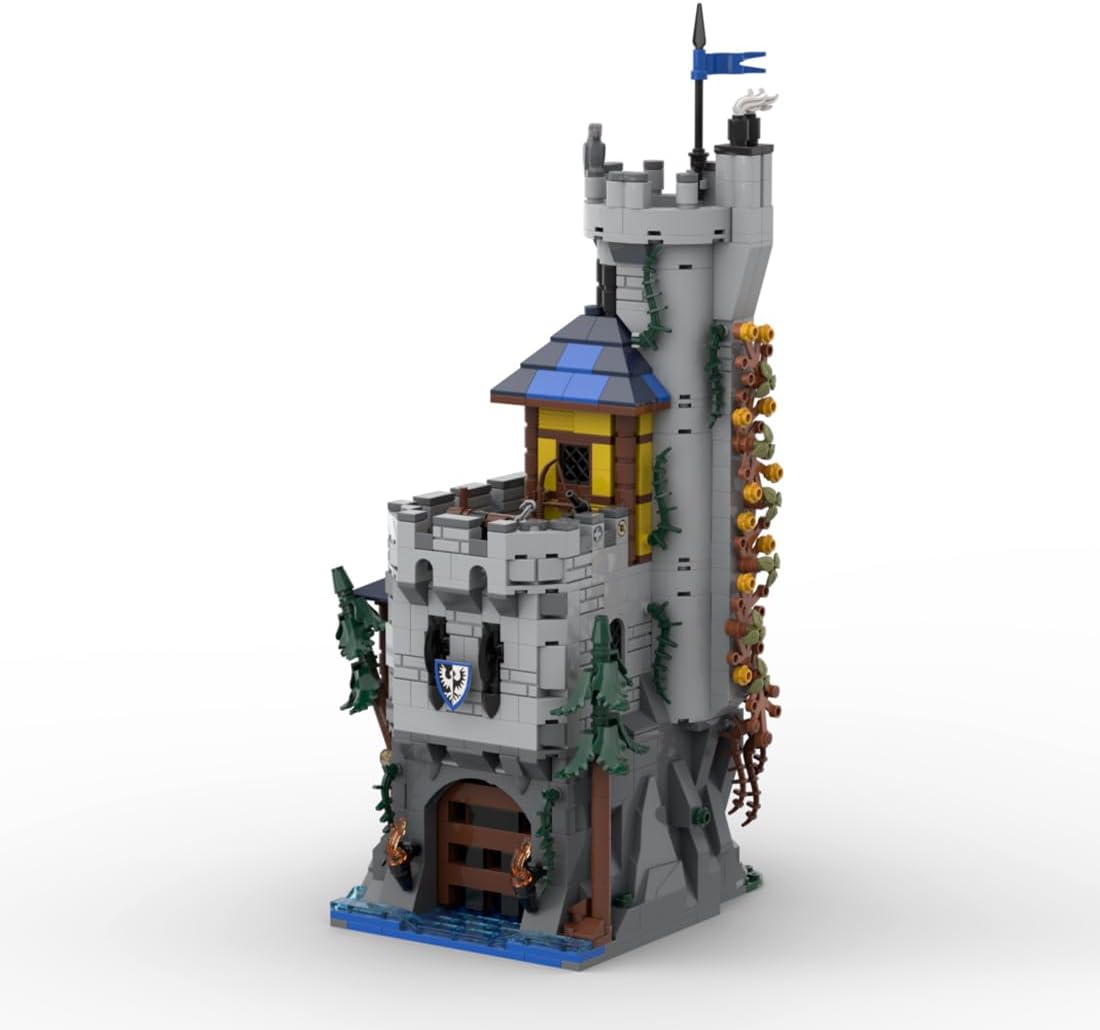 Brick medieval fortress on a rocky peak with watchtower and lake dock