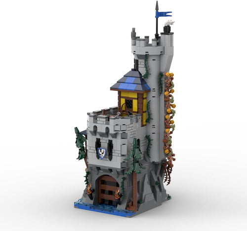 Brick medieval fortress on a rocky peak with watchtower and lake dock