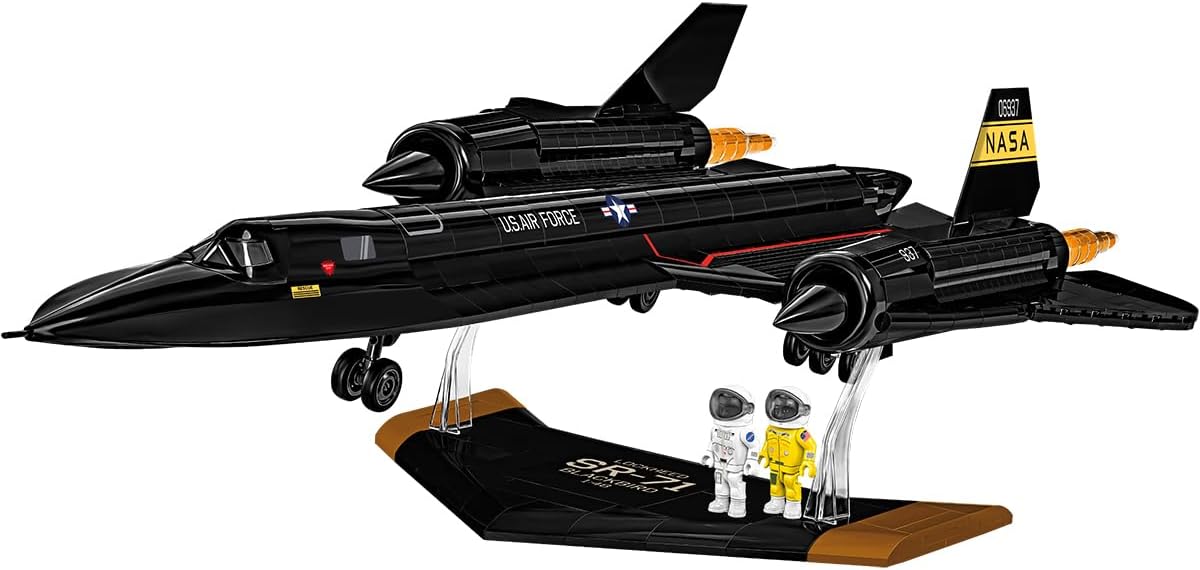 Brick-built supersonic reconnaissance jet on a display stand with two pilots
