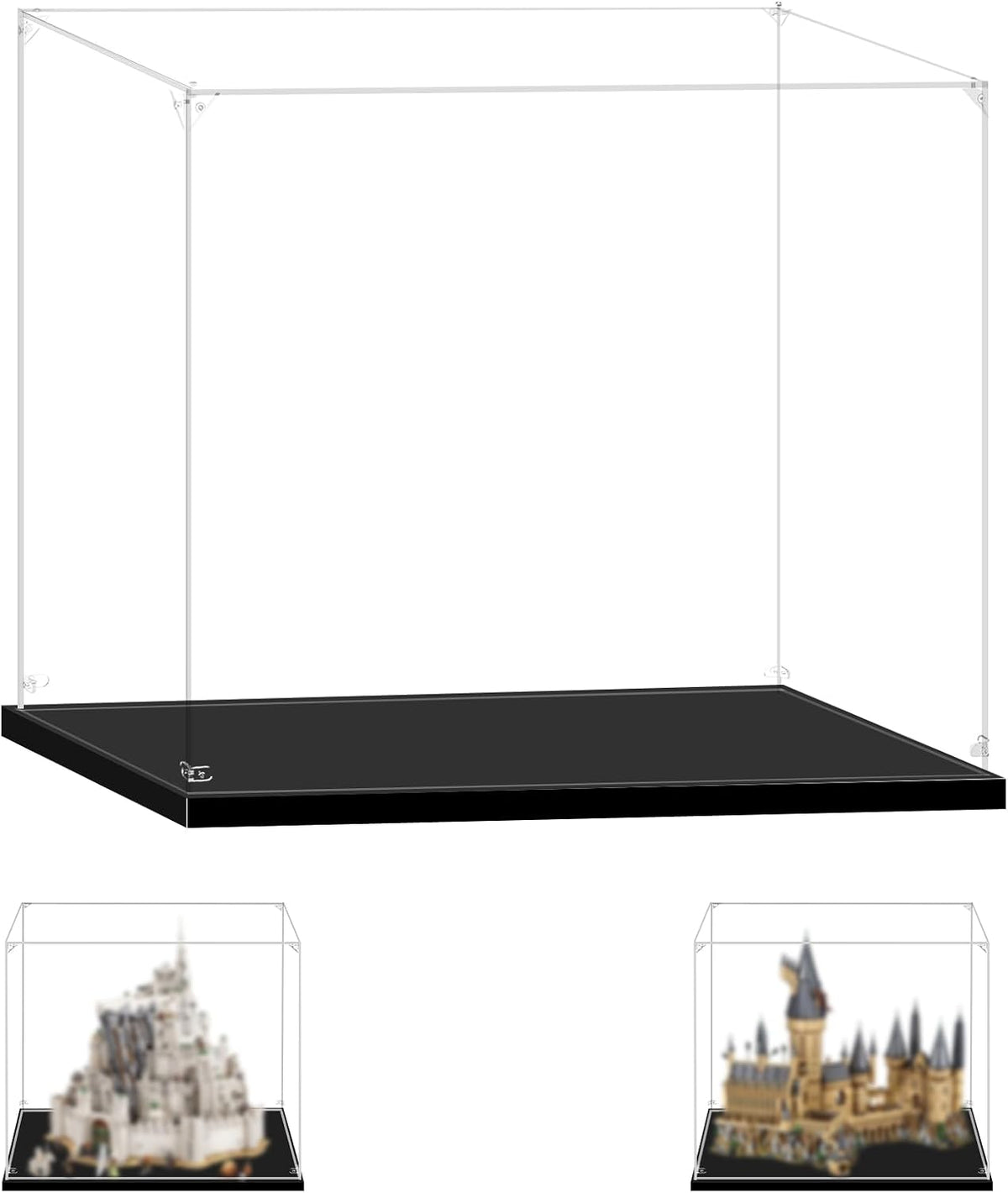 Clear display case over a large brick-built wizard castle model