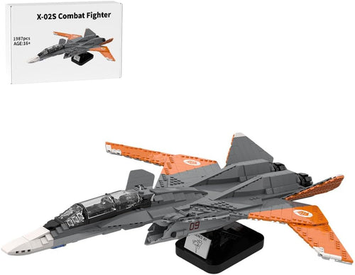 Brick-built stealth fighter jet with swept wings on a display stand