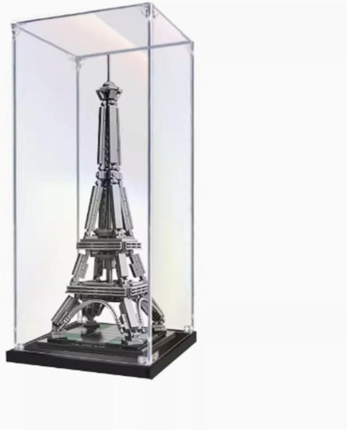 Tall acrylic display box on a wood base around an Eiffel Tower brick model