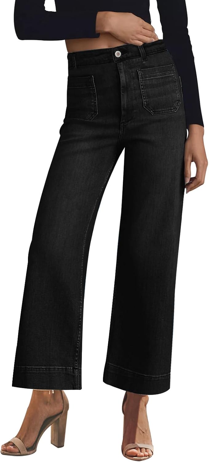 Women's High Waisted Wide Leg Jeans - Straight Leg Stretch Denim with Pockets for Everyday Outfits - 2