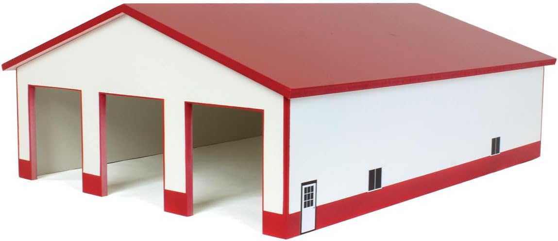 White and red 1/64 scale wooden farm shop with three doors