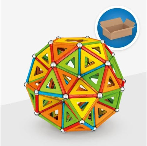 Colorful magnetic rods and steel spheres forming a geometric structure with panels