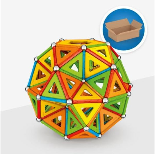 Colorful magnetic rods and steel spheres forming a geometric structure with panels