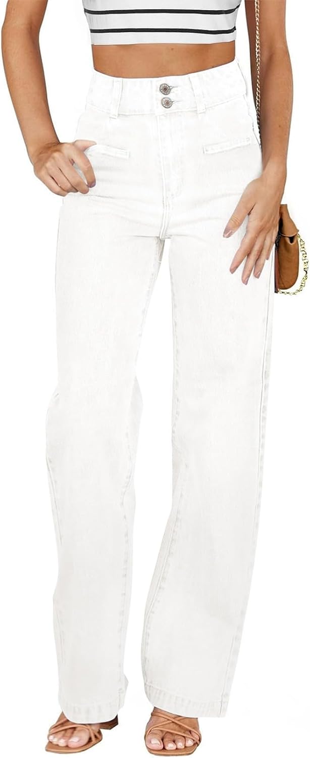 Women's High Waisted Straight Leg Jeans - Soft Stretch Denim with a Dual Button Closure and Pockets - 2