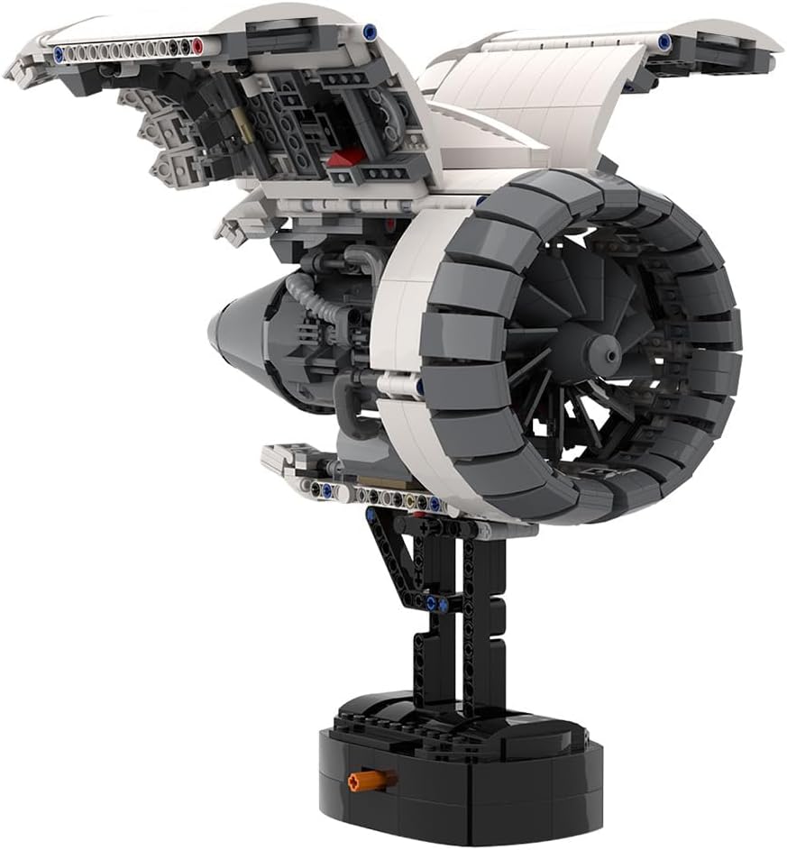 Built turbofan jet engine brick model with exposed fan blades and engine core – view 2