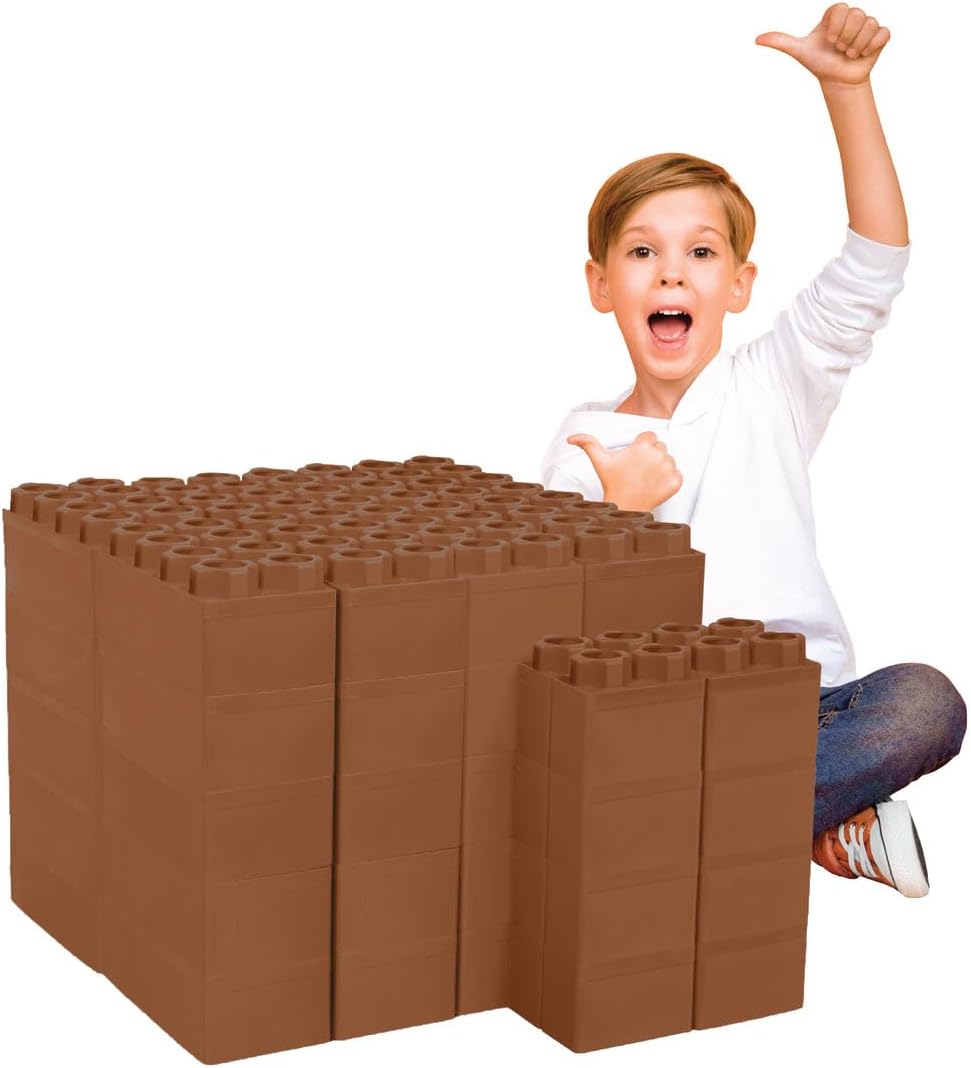 Large brown building blocks stacked into a log cabin shape