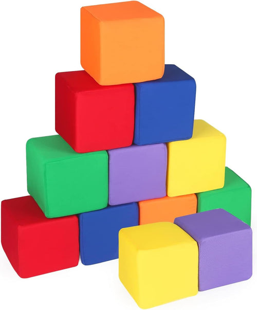 Stack of colorful 5.5-inch soft foam cubes with fabric covers