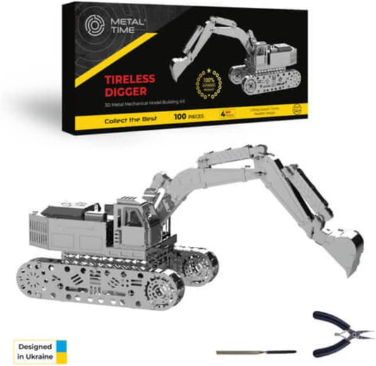 Assembled stainless steel excavator model with boom and bucket raised