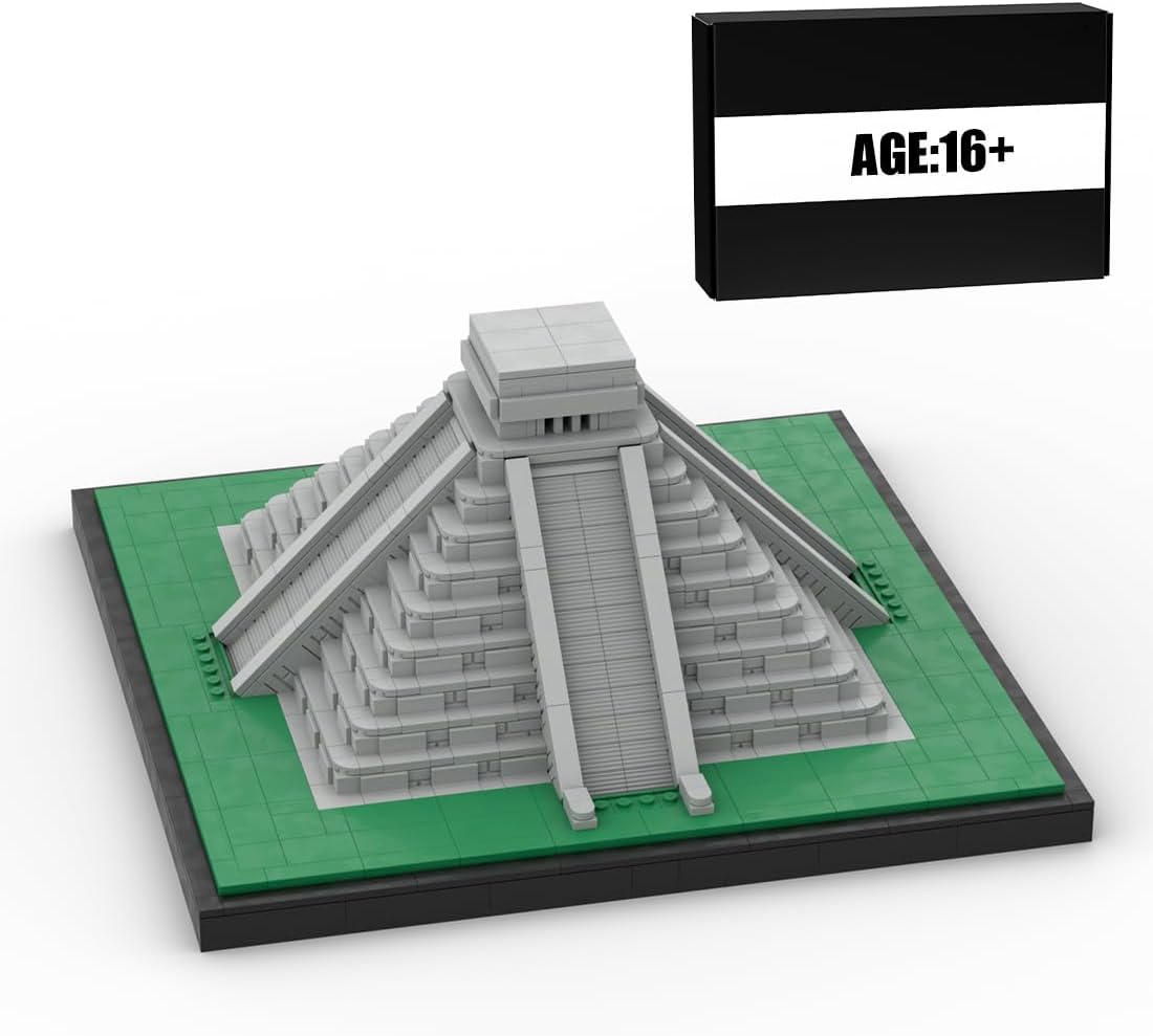 Brick-built stepped Mayan pyramid with central staircases and temple at the top