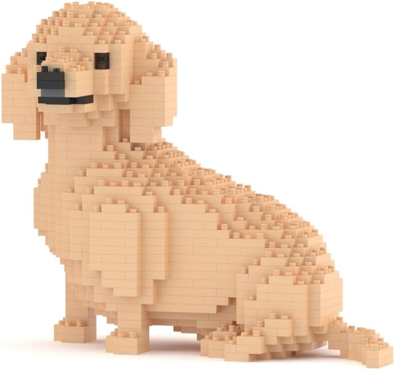 Finished dachshund dog sculpture built from brown interlocking plastic bricks – view 3