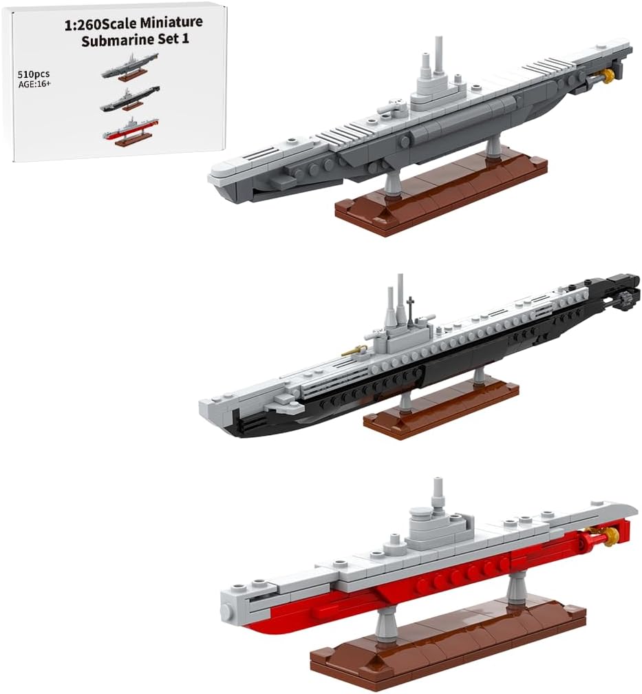 Four small brick-built gray battleship models lined up side by side – view 2