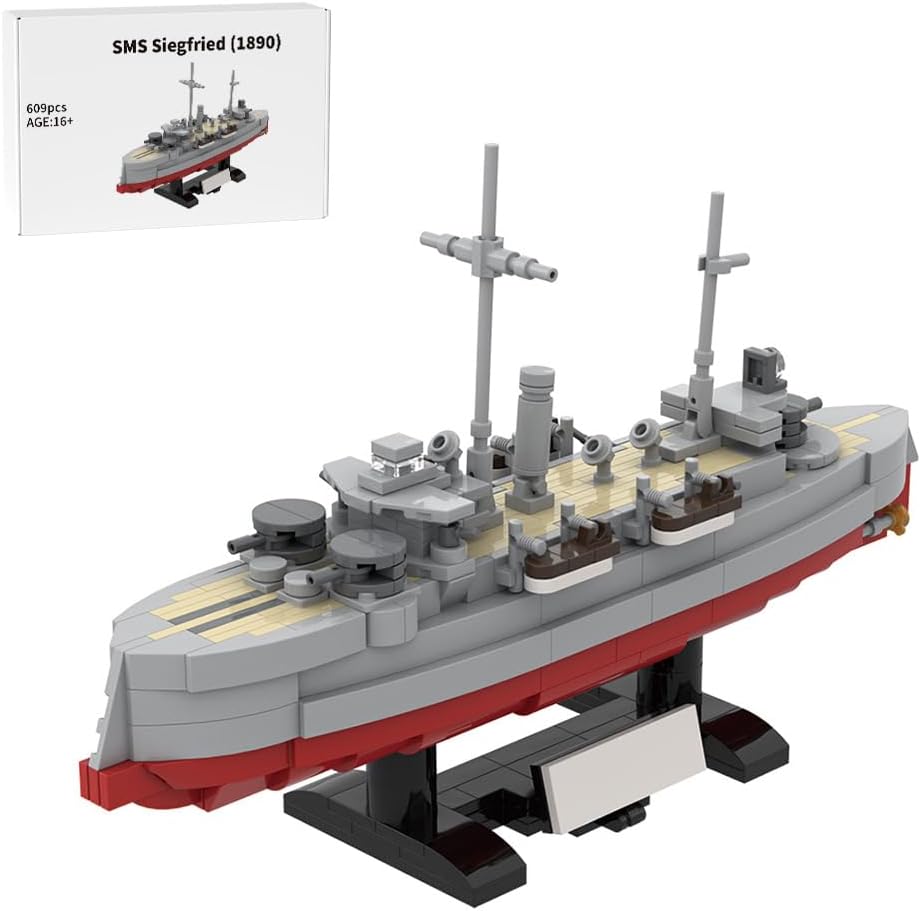 Gray and black brick-built armored cruiser with deck cannons and twin funnels – view 3