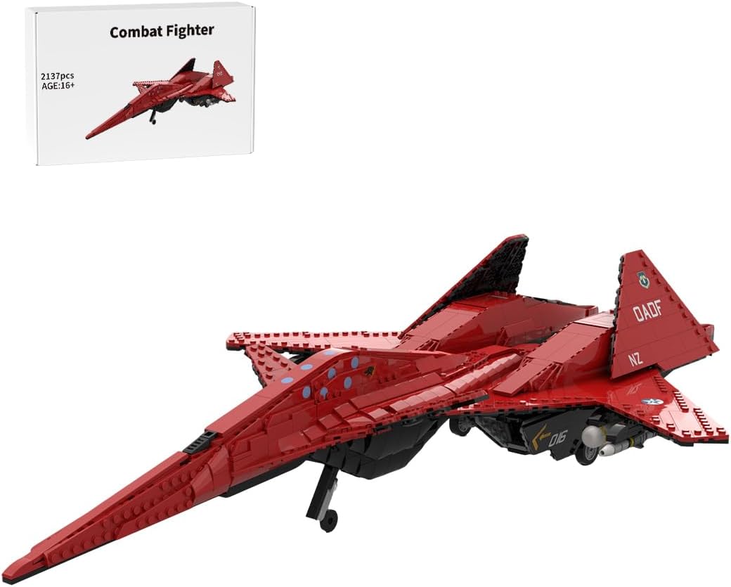 Brick-built stealth fighter jet with swept wings on a display stand – view 2