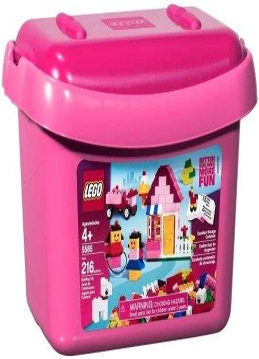 Pink storage box with colorful bricks and a small built house and pony
