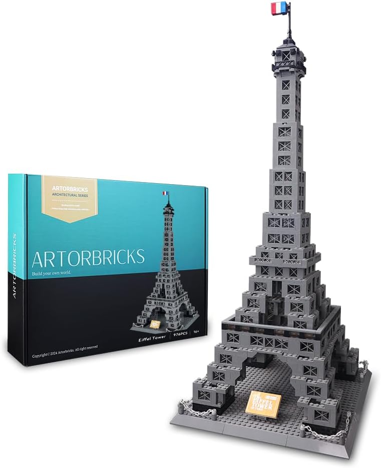 Brick-built Eiffel Tower replica with lattice structure on a display base