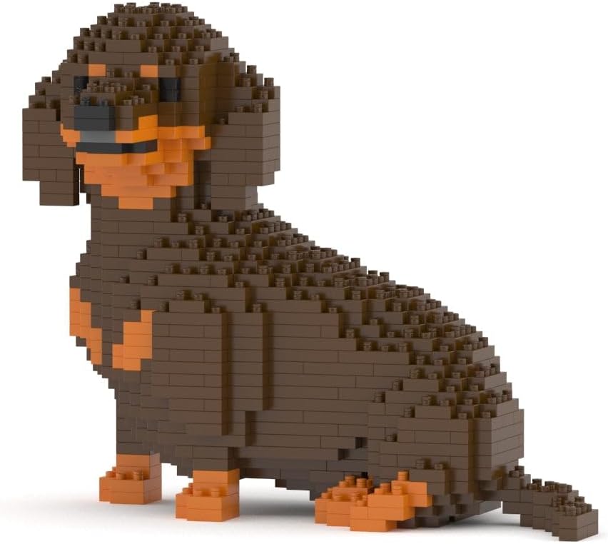 Finished dachshund dog sculpture built from brown interlocking plastic bricks