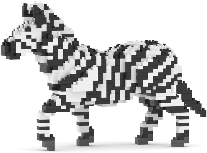 Built zebra sculpture made from black and white interlocking bricks