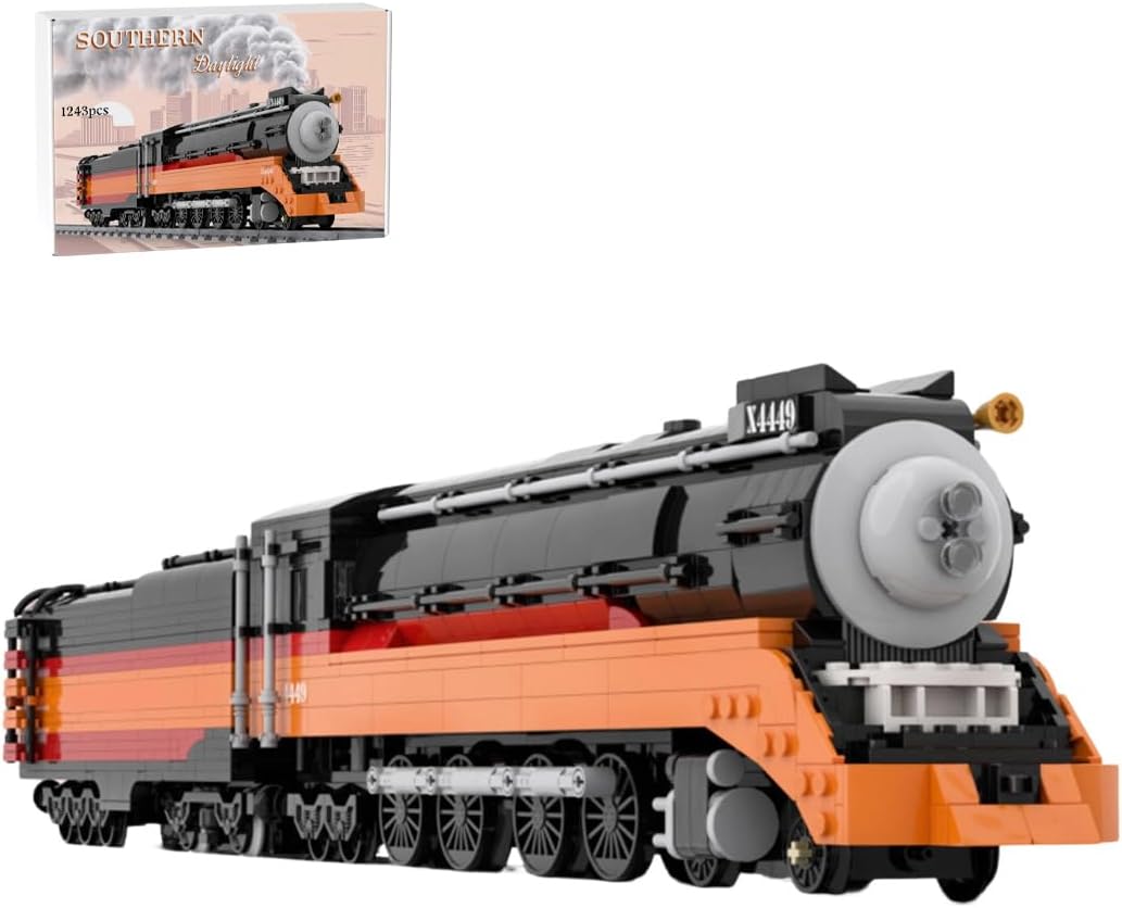 Long black, orange and red brick steam locomotive with large driving wheels
