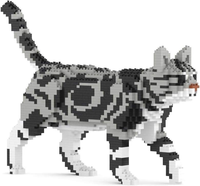 Silver tabby American Shorthair cat sculpture built from interlocking plastic bricks
