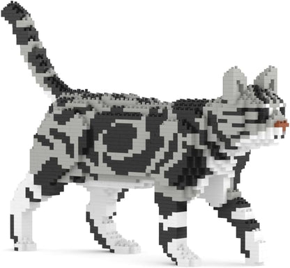 Silver tabby American Shorthair cat sculpture built from interlocking plastic bricks