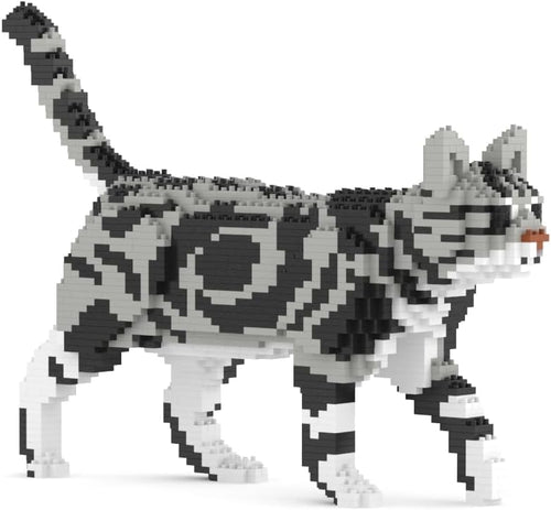 Silver tabby American Shorthair cat sculpture built from interlocking plastic bricks