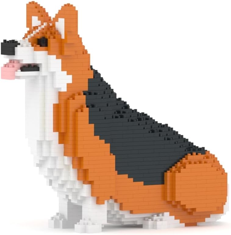 Brick-built Welsh Corgi sculpture in orange and white standing on four short legs – view 3