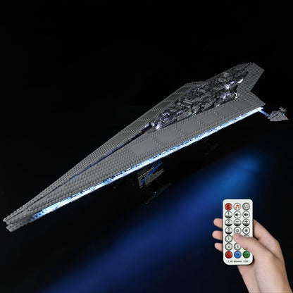 Long wedge-shaped gray space dreadnought brick model lit with LED lights