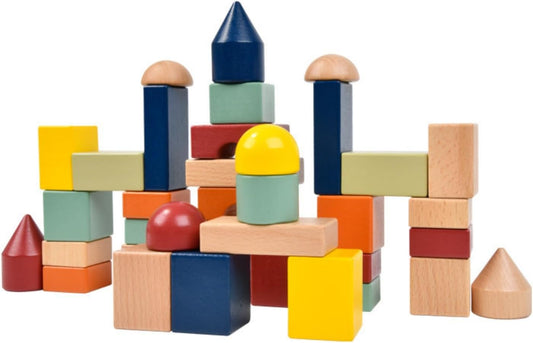 Brightly colored large wooden blocks stacked into a tower