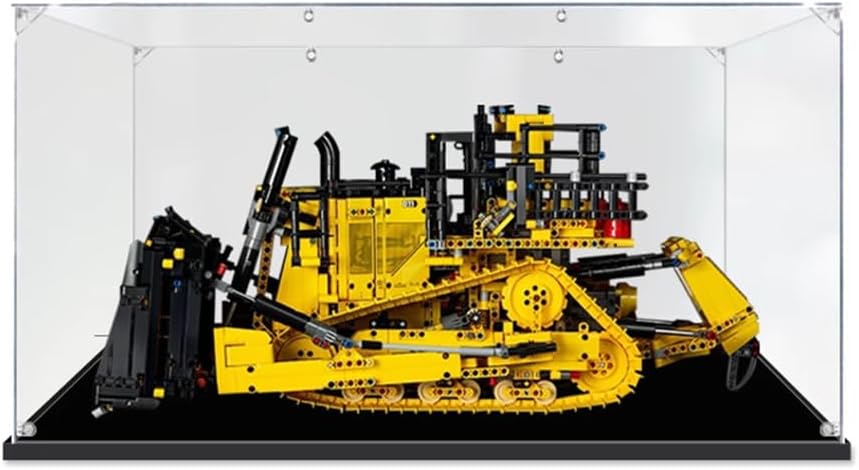 Clear acrylic display box covering a yellow brick-built bulldozer on a black base