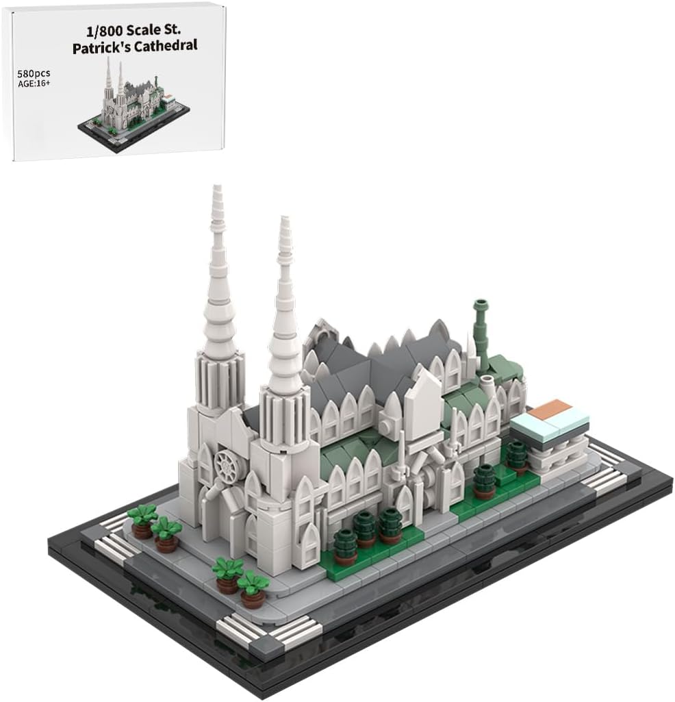 Brick model of a white Gothic cathedral with twin spires and rose window