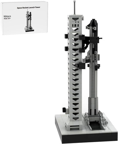 Tall white and silver brick-built space rocket with separating stages on a launch stand – view 2