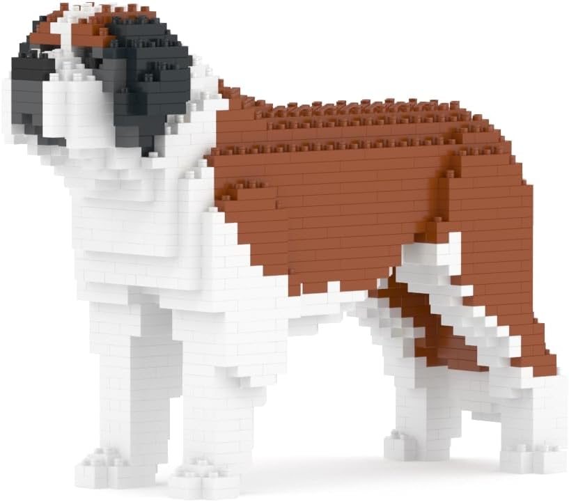 Brown and white brick-built St. Bernard dog sculpture sitting
