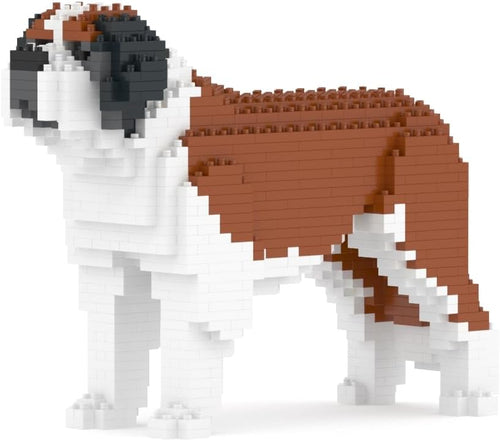 Brown and white brick-built St. Bernard dog sculpture sitting