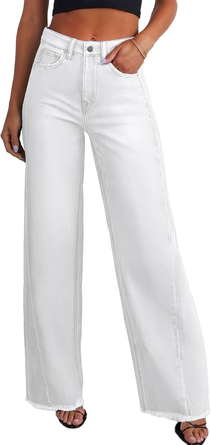 Women's High Waisted Wide Leg Jeans - Raw Hem Baggy Boyfriend Denim in Full Length for Daily Outfits - 4