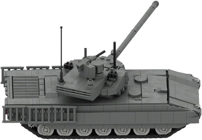 Green brick-built modern main combat tank with angular turret and long gun