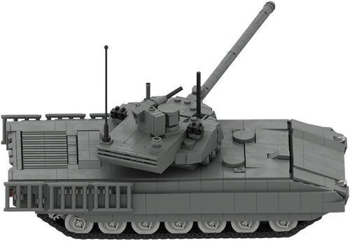 Green brick-built modern main combat tank with angular turret and long gun