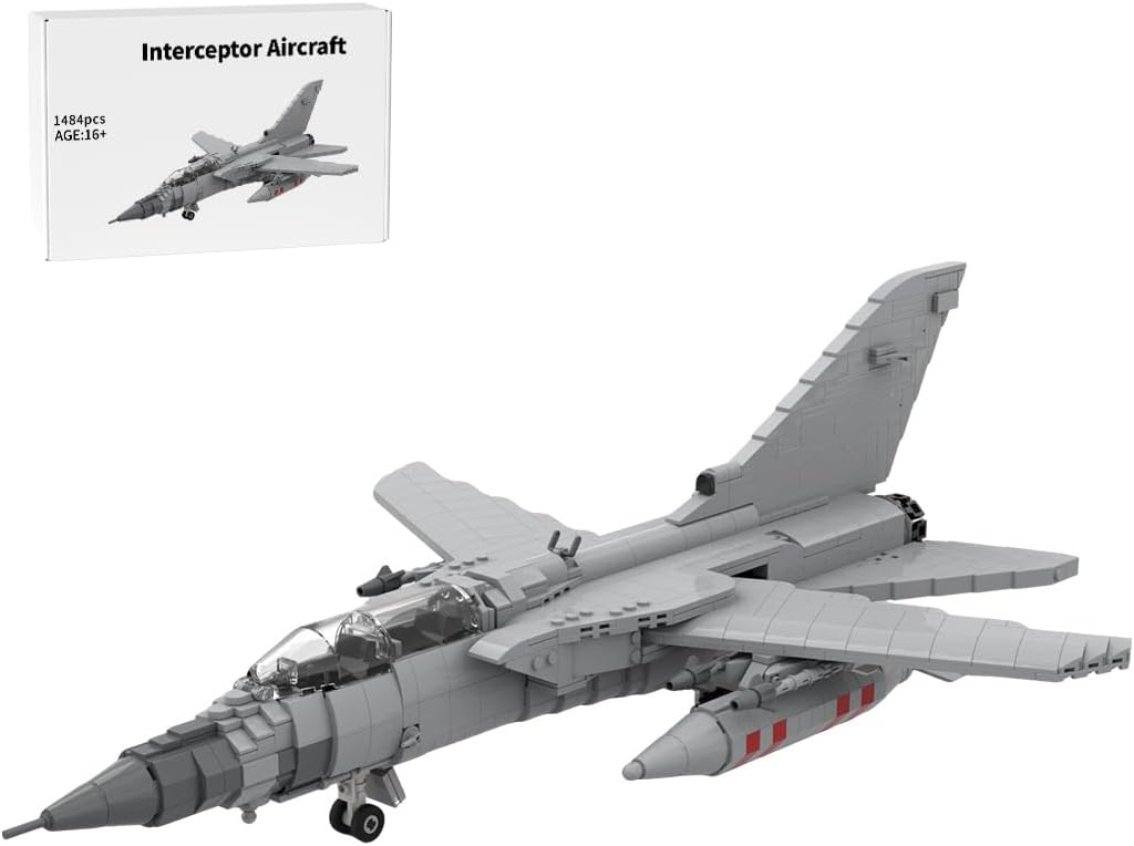 Brick-built stealth fighter jet with swept wings on a display stand – view 4