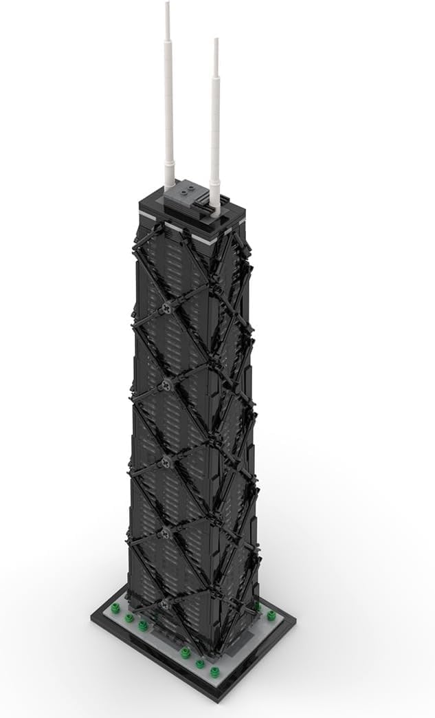 Tall black brick skyscraper with X-shaped exterior cross-beams